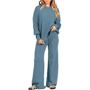 imageANRABESS Women 2 Piece Outfits Oversized Chunky Knit Sweater Top Wide Leg Pants 2024 Fall Lounge Set Trendy Cozy ClothesBlue