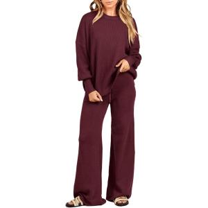 imageANRABESS Women 2 Piece Outfits Oversized Chunky Knit Sweater Top Wide Leg Pants 2024 Fall Lounge Set Trendy Cozy ClothesBurgundy