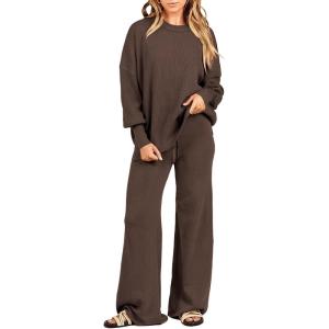 imageANRABESS Women 2 Piece Outfits Oversized Chunky Knit Sweater Top Wide Leg Pants 2024 Fall Lounge Set Trendy Cozy ClothesCoffee