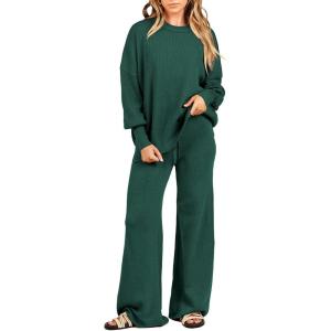 imageANRABESS Women 2 Piece Outfits Oversized Chunky Knit Sweater Top Wide Leg Pants 2024 Fall Lounge Set Trendy Cozy ClothesDark Green