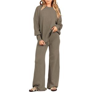 imageANRABESS Women 2 Piece Outfits Oversized Chunky Knit Sweater Top Wide Leg Pants 2024 Fall Lounge Set Trendy Cozy ClothesDeep Apricot
