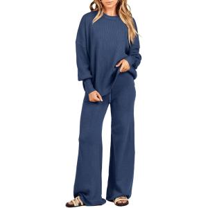 imageANRABESS Women 2 Piece Outfits Oversized Chunky Knit Sweater Top Wide Leg Pants 2024 Fall Lounge Set Trendy Cozy ClothesDusty Blue