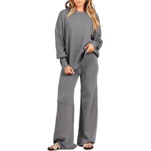 imageANRABESS Women 2 Piece Outfits Oversized Chunky Knit Sweater Top Wide Leg Pants 2024 Fall Lounge Set Trendy Cozy ClothesGray