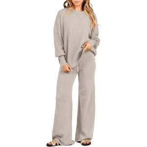 imageANRABESS Women 2 Piece Outfits Oversized Chunky Knit Sweater Top Wide Leg Pants 2024 Fall Lounge Set Trendy Cozy ClothesLight Grey