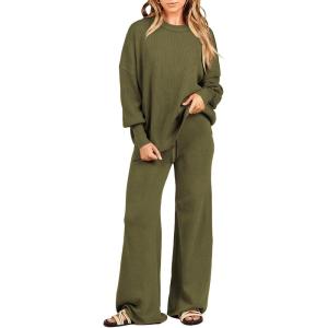 imageANRABESS Women 2 Piece Outfits Oversized Chunky Knit Sweater Top Wide Leg Pants 2024 Fall Lounge Set Trendy Cozy ClothesOlive