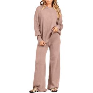 imageANRABESS Women 2 Piece Outfits Oversized Chunky Knit Sweater Top Wide Leg Pants 2024 Fall Lounge Set Trendy Cozy ClothesPink Apricot