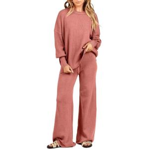 imageANRABESS Women 2 Piece Outfits Oversized Chunky Knit Sweater Top Wide Leg Pants 2024 Fall Lounge Set Trendy Cozy ClothesRust