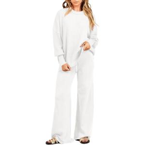 imageANRABESS Women 2 Piece Outfits Oversized Chunky Knit Sweater Top Wide Leg Pants 2024 Fall Lounge Set Trendy Cozy ClothesWhite