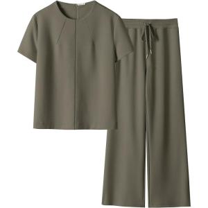 imageANRABESS Womens 2 Piece Outfits Lounge Sets 2025 Summer Sweatsuits Short Sleeve Wide Leg Pants Sweat Set Tracksuits ClothesArmy Green