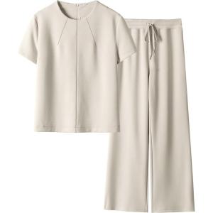 imageANRABESS Womens 2 Piece Outfits Lounge Sets 2025 Summer Sweatsuits Short Sleeve Wide Leg Pants Sweat Set Tracksuits ClothesBeige