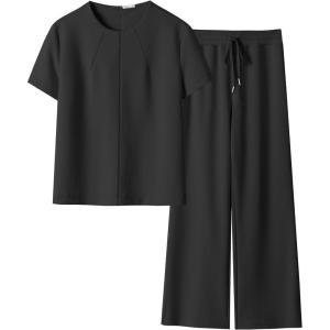 imageANRABESS Womens 2 Piece Outfits Lounge Sets 2025 Summer Sweatsuits Short Sleeve Wide Leg Pants Sweat Set Tracksuits ClothesBlack