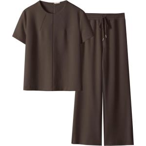 imageANRABESS Womens 2 Piece Outfits Lounge Sets 2025 Summer Sweatsuits Short Sleeve Wide Leg Pants Sweat Set Tracksuits ClothesCoffee