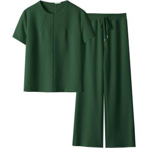 imageANRABESS Womens 2 Piece Outfits Lounge Sets 2025 Summer Sweatsuits Short Sleeve Wide Leg Pants Sweat Set Tracksuits ClothesDark Green