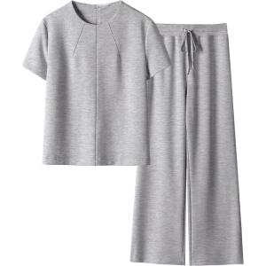 imageANRABESS Womens 2 Piece Outfits Lounge Sets 2025 Summer Sweatsuits Short Sleeve Wide Leg Pants Sweat Set Tracksuits ClothesGrey