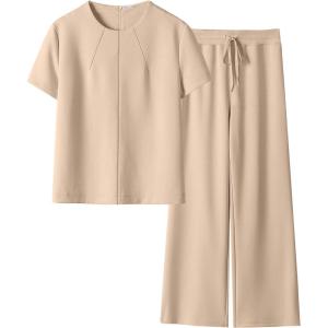 imageANRABESS Womens 2 Piece Outfits Lounge Sets 2025 Summer Sweatsuits Short Sleeve Wide Leg Pants Sweat Set Tracksuits ClothesKhkai