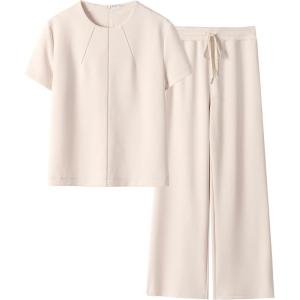 imageANRABESS Womens 2 Piece Outfits Lounge Sets 2025 Summer Sweatsuits Short Sleeve Wide Leg Pants Sweat Set Tracksuits ClothesLight Peach