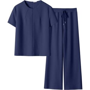 imageANRABESS Womens 2 Piece Outfits Lounge Sets 2025 Summer Sweatsuits Short Sleeve Wide Leg Pants Sweat Set Tracksuits ClothesNavy Blue
