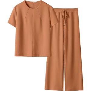 imageANRABESS Womens 2 Piece Outfits Lounge Sets 2025 Summer Sweatsuits Short Sleeve Wide Leg Pants Sweat Set Tracksuits ClothesOrange