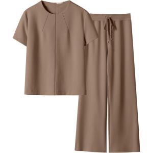 imageANRABESS Womens 2 Piece Outfits Lounge Sets 2025 Summer Sweatsuits Short Sleeve Wide Leg Pants Sweat Set Tracksuits ClothesRust