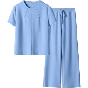 imageANRABESS Womens 2 Piece Outfits Lounge Sets 2025 Summer Sweatsuits Short Sleeve Wide Leg Pants Sweat Set Tracksuits ClothesSky