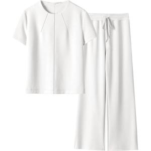 imageANRABESS Womens 2 Piece Outfits Lounge Sets 2025 Summer Sweatsuits Short Sleeve Wide Leg Pants Sweat Set Tracksuits ClothesWhite