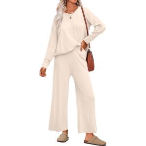 imageANRABESS Womens 2 Piece Outfits Sweater Sets Knit Crewneck Tops Wide Leg Pants 2024 Fall Casual Matching Lounge Set ClothesBeige