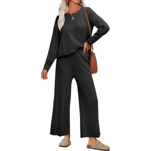imageANRABESS Womens 2 Piece Outfits Sweater Sets Knit Crewneck Tops Wide Leg Pants 2024 Fall Casual Matching Lounge Set ClothesBlack