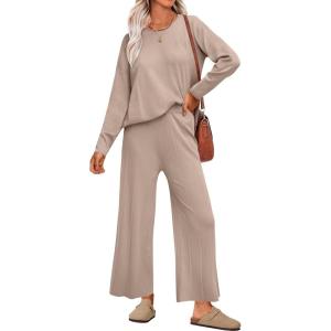 imageANRABESS Womens 2 Piece Outfits Sweater Sets Knit Crewneck Tops Wide Leg Pants 2024 Fall Casual Matching Lounge Set ClothesKhaki