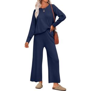 imageANRABESS Womens 2 Piece Outfits Sweater Sets Knit Crewneck Tops Wide Leg Pants 2024 Fall Casual Matching Lounge Set ClothesNavy Blue