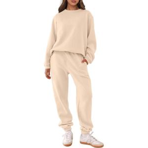 imageANRABESS Womens Two Piece Outfits Lounge Set Long Sleeve Crewneck Sweatshirt Jogger Pants Tracksuit Sweatsuit 2024 Fall SetsBeige