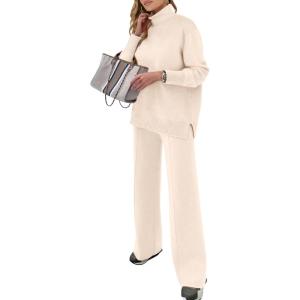 imageANRABESS Womens 2 Piece Outfits Sweater Sets Loose Turtlenck Knit Pullover Top Wide Leg Pants 2024 Fall Lounge SweatsuitsAprticot