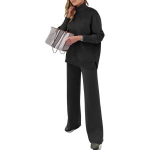 imageANRABESS Womens 2 Piece Outfits Sweater Sets Loose Turtlenck Knit Pullover Top Wide Leg Pants 2024 Fall Lounge SweatsuitsBlack