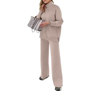 imageANRABESS Womens 2 Piece Outfits Sweater Sets Loose Turtlenck Knit Pullover Top Wide Leg Pants 2024 Fall Lounge SweatsuitsCamel