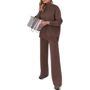 imageANRABESS Womens 2 Piece Outfits Sweater Sets Loose Turtlenck Knit Pullover Top Wide Leg Pants 2024 Fall Lounge SweatsuitsCoffee