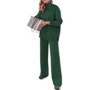 imageANRABESS Womens 2 Piece Outfits Sweater Sets Loose Turtlenck Knit Pullover Top Wide Leg Pants 2024 Fall Lounge SweatsuitsGreen