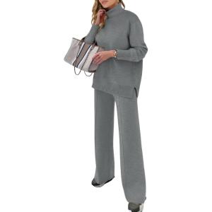 imageANRABESS Womens 2 Piece Outfits Sweater Sets Loose Turtlenck Knit Pullover Top Wide Leg Pants 2024 Fall Lounge SweatsuitsGrey