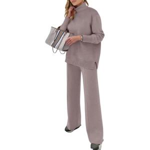imageANRABESS Womens 2 Piece Outfits Sweater Sets Loose Turtlenck Knit Pullover Top Wide Leg Pants 2024 Fall Lounge SweatsuitsKhaki