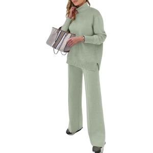 imageANRABESS Womens 2 Piece Outfits Sweater Sets Loose Turtlenck Knit Pullover Top Wide Leg Pants 2024 Fall Lounge SweatsuitsLight Green