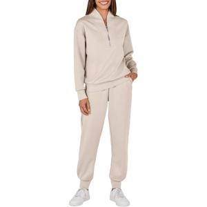 imageANRABESS Womens 2 Piece Outfits Sweatsuit Half Zip Sweatshirt Jogger Sweatpant Trendy 2025 Fall Lounge Set Tracksuit ClothesBeige