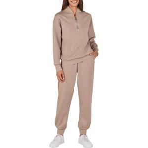 imageANRABESS Womens 2 Piece Outfits Sweatsuit Half Zip Sweatshirt Jogger Sweatpant Trendy 2025 Fall Lounge Set Tracksuit ClothesKhaki