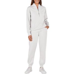 imageANRABESS Womens 2 Piece Outfits Sweatsuit Half Zip Sweatshirt Jogger Sweatpant Trendy 2025 Fall Lounge Set Tracksuit ClothesWhite