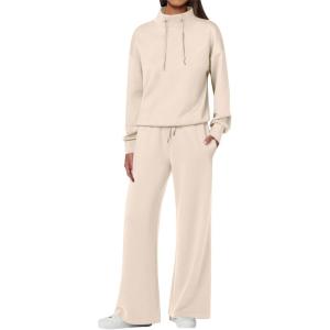 imageANRABESS Womens 2 Piece Outfits Sweatsuit Set 2024 Fall Drawstring Sweatshirt Wide Leg Sweatpant Lounge Set TracksuitApricot