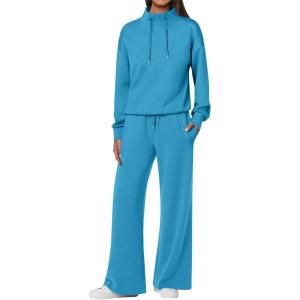 imageANRABESS Womens 2 Piece Outfits Sweatsuit Set 2024 Fall Drawstring Sweatshirt Wide Leg Sweatpant Lounge Set TracksuitBlue