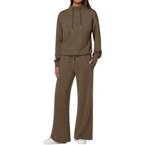 imageANRABESS Womens 2 Piece Outfits Sweatsuit Set 2024 Fall Drawstring Sweatshirt Wide Leg Sweatpant Lounge Set TracksuitBrown