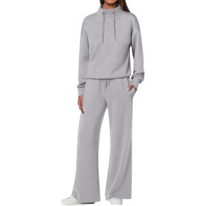 imageANRABESS Womens 2 Piece Outfits Sweatsuit Set 2024 Fall Drawstring Sweatshirt Wide Leg Sweatpant Lounge Set TracksuitGrey