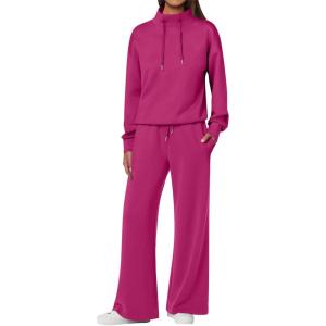 imageANRABESS Womens 2 Piece Outfits Sweatsuit Set 2024 Fall Drawstring Sweatshirt Wide Leg Sweatpant Lounge Set TracksuitHot Pink