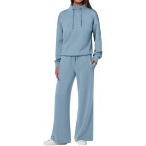 imageANRABESS Womens 2 Piece Outfits Sweatsuit Set 2024 Fall Drawstring Sweatshirt Wide Leg Sweatpant Lounge Set TracksuitLight Blue