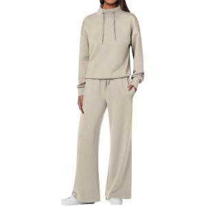imageANRABESS Womens 2 Piece Outfits Sweatsuit Set 2024 Fall Drawstring Sweatshirt Wide Leg Sweatpant Lounge Set TracksuitLight Khaki