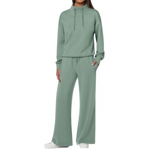 imageANRABESS Womens 2 Piece Outfits Sweatsuit Set 2024 Fall Drawstring Sweatshirt Wide Leg Sweatpant Lounge Set TracksuitPea Green