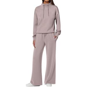 imageANRABESS Womens 2 Piece Outfits Sweatsuit Set 2024 Fall Drawstring Sweatshirt Wide Leg Sweatpant Lounge Set TracksuitRed Apricot